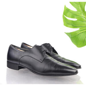 VTG Italy Mens Oxford Size 9.5 C Black Leather Cap Toe Dress Shoes Derby Wedding